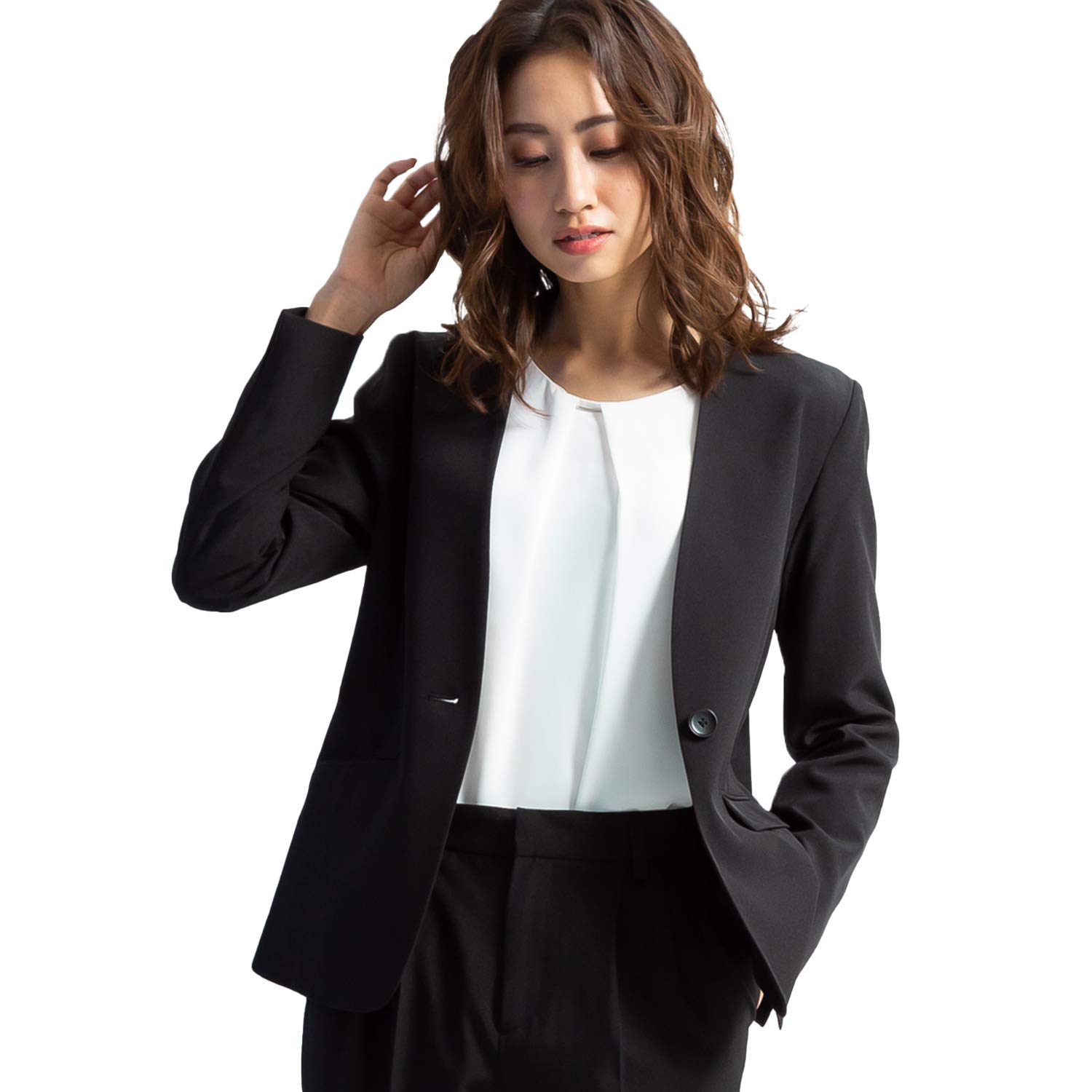 [RIRIYĀNOリリヤーノ] ノーカラージャケット レディース スーツ ウォッシャブル S M L LL 3L 4L 5L ブラック ネイビー 2502-522018