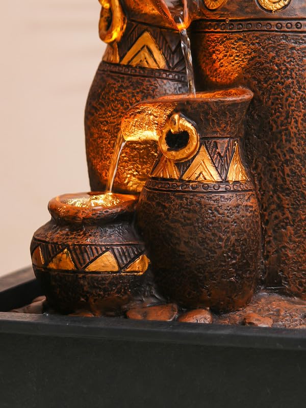 Image of Polyresin Brown & Golden Designer Table Top Jug Style Indoor 3 Steps Home Decor Water Fountain with Yellow LED Light & Water Flow Controller Pump (Size: 40 x 29.5 x 22CM | Weight: 2095grm)
