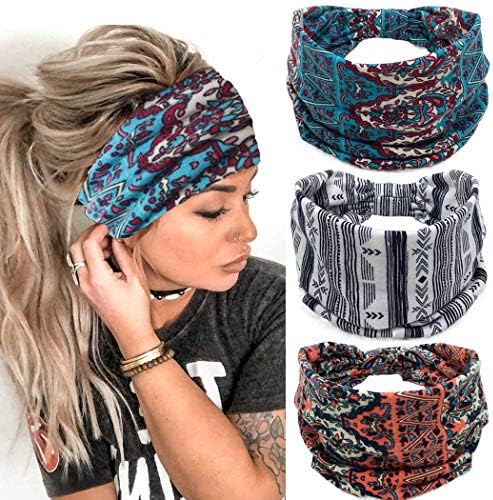 GORTIN Boho Headbands Stretch Wide Hair Bands Black Elastic Yoga Sweatband Knoted Turban Headband Cloth Twist Head Wraps Stylish Head Bands for Women and Girls 3 Pcs (Set 2)
