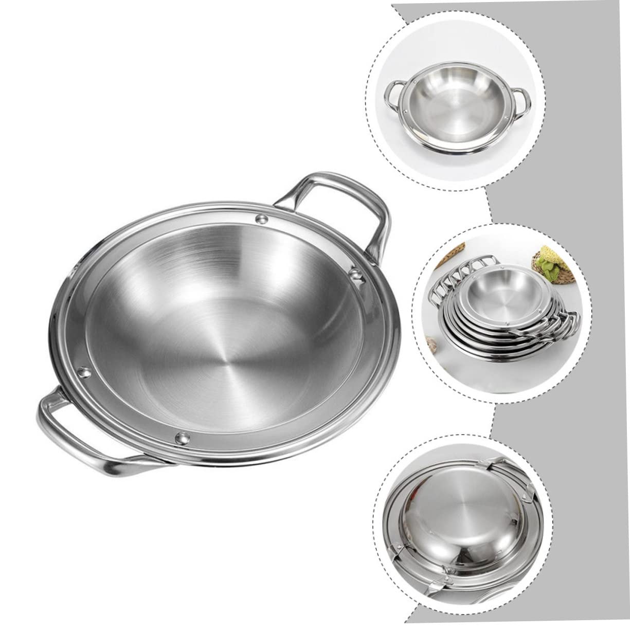 3pcs Silver Small Handle Noodle Pan Wok with Paella Home Platter Gas Shabu Ramen Stir Sirviendo Inoxidable Poco profundo Conveniente Cocina Multifunción Hornear Aperitivo Acero Cocina ollas y sa