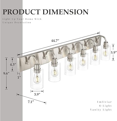 Miniatura 6 de Emliviar YCE237B-6W BN - Lámpara de pared grande para baño, 6 luces industriales sobre espejo, acabado de níquel cepillado con vidrio transparente,