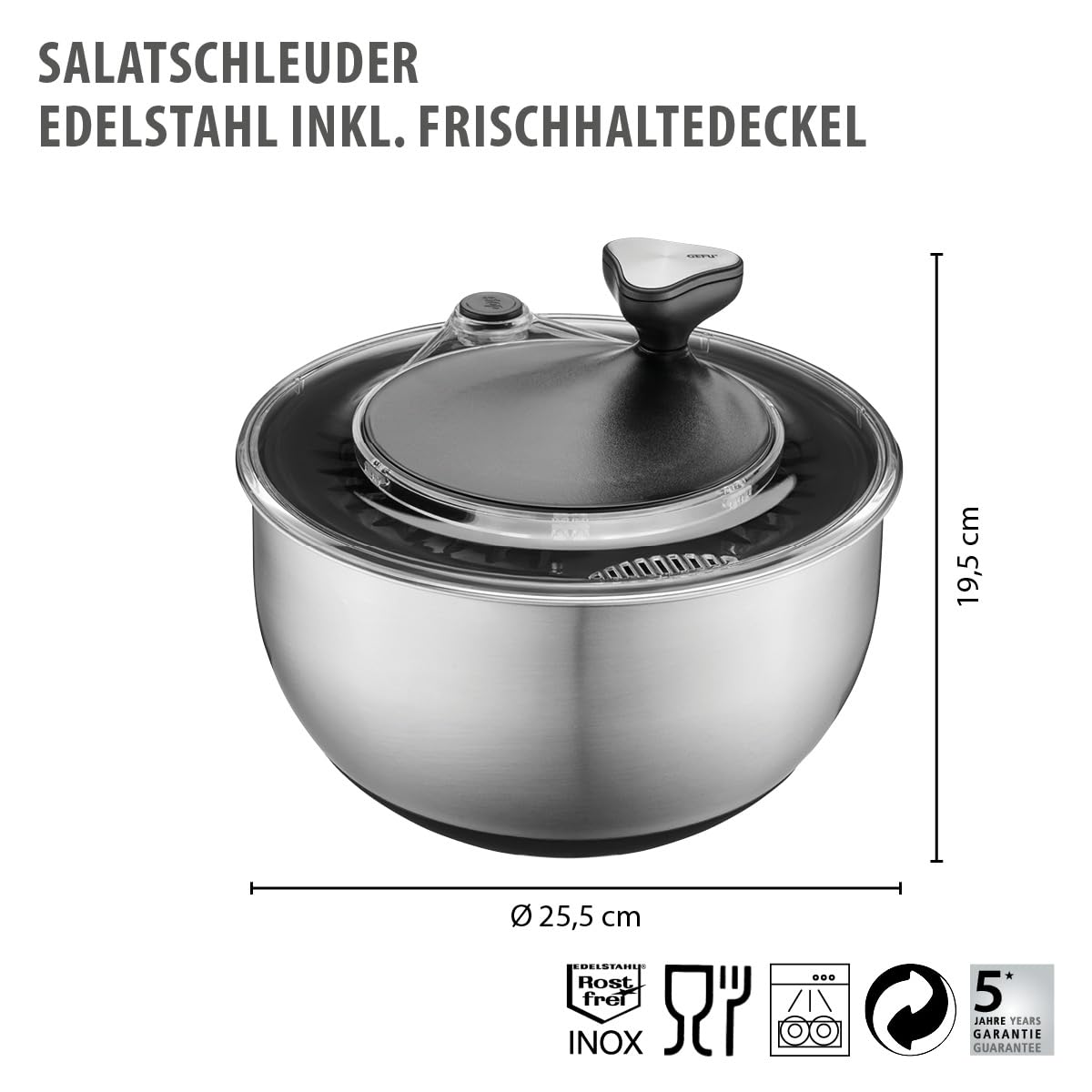 GEFU Salatschleuder mit Kurbelantrieb, 4,5 l | 4-teilig, Edelstahlschüssel, Frischhaltedeckel, Stopp-Button, rutschfest