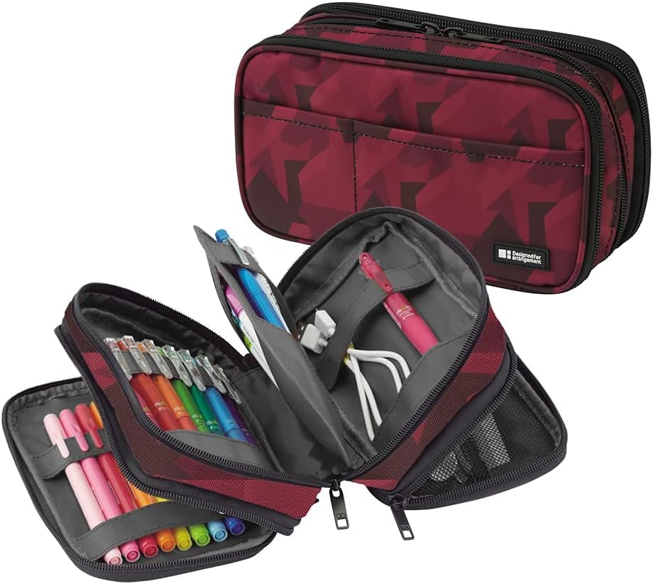 Image of LIHIT LAB Large Capacity Triple Zipper Pencil Case For School Office College, Big Capacity 8 Compartments Pencil Bag Holder Adults Teen Boys Girls, Travel Cosmetics Storage, Maroon Camo (A7556-133)