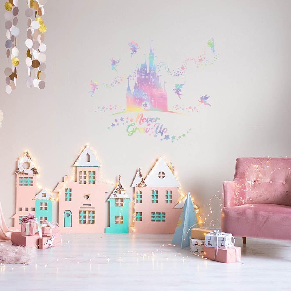 SUPERDANT Fairy Tale Castle Wall Sticker Never Grow Up Quotes Wall Decal Peel and Stick Pink Vinyl Art Decals Home Decor for Girls' Room Nursery Children's Room Bedroom Playroom Livingroom Decoration