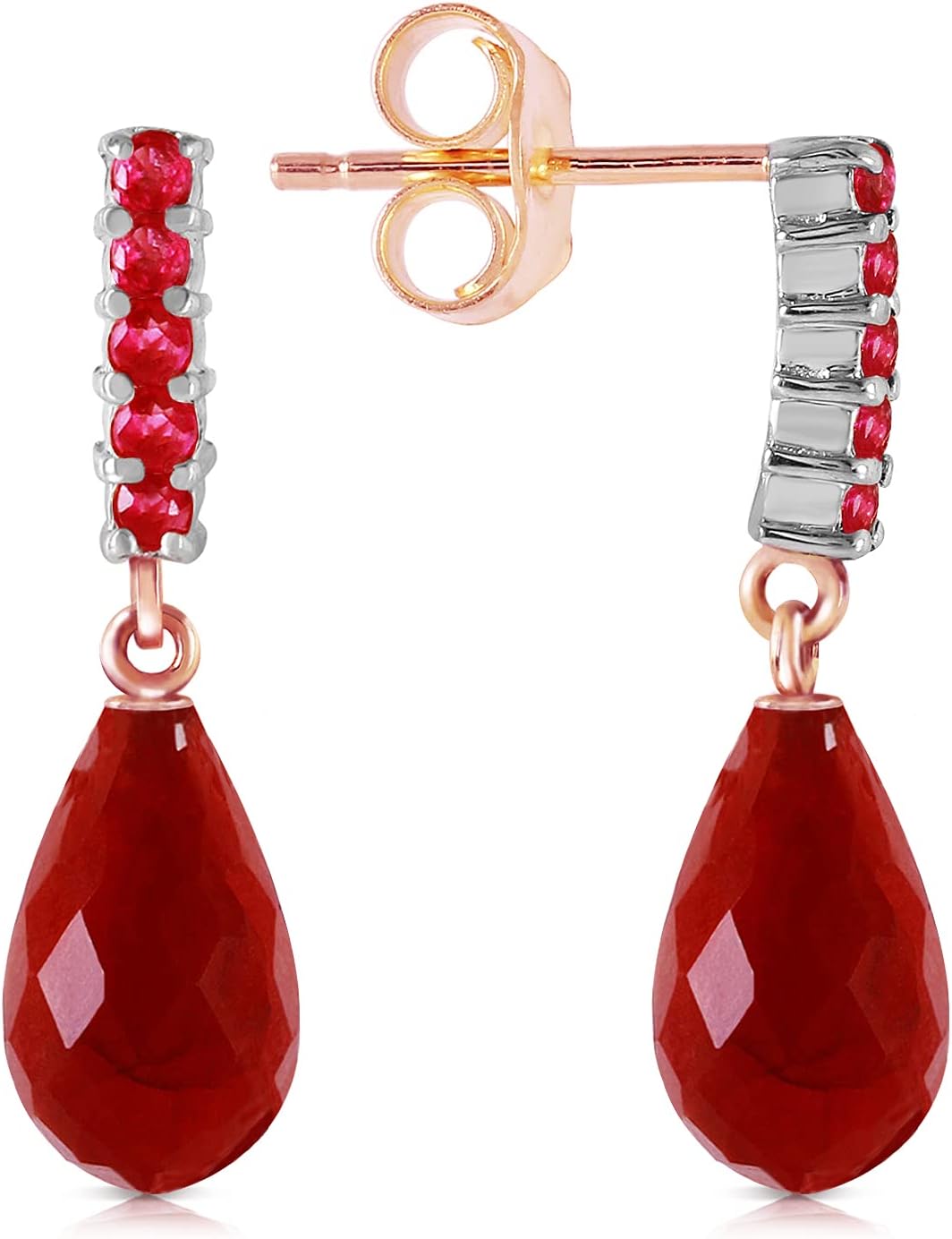 Galaxy Gold GG 7 ct 14k Solid Rose Gold Ruby Earrings Dyed Briolette Dangling Ruby