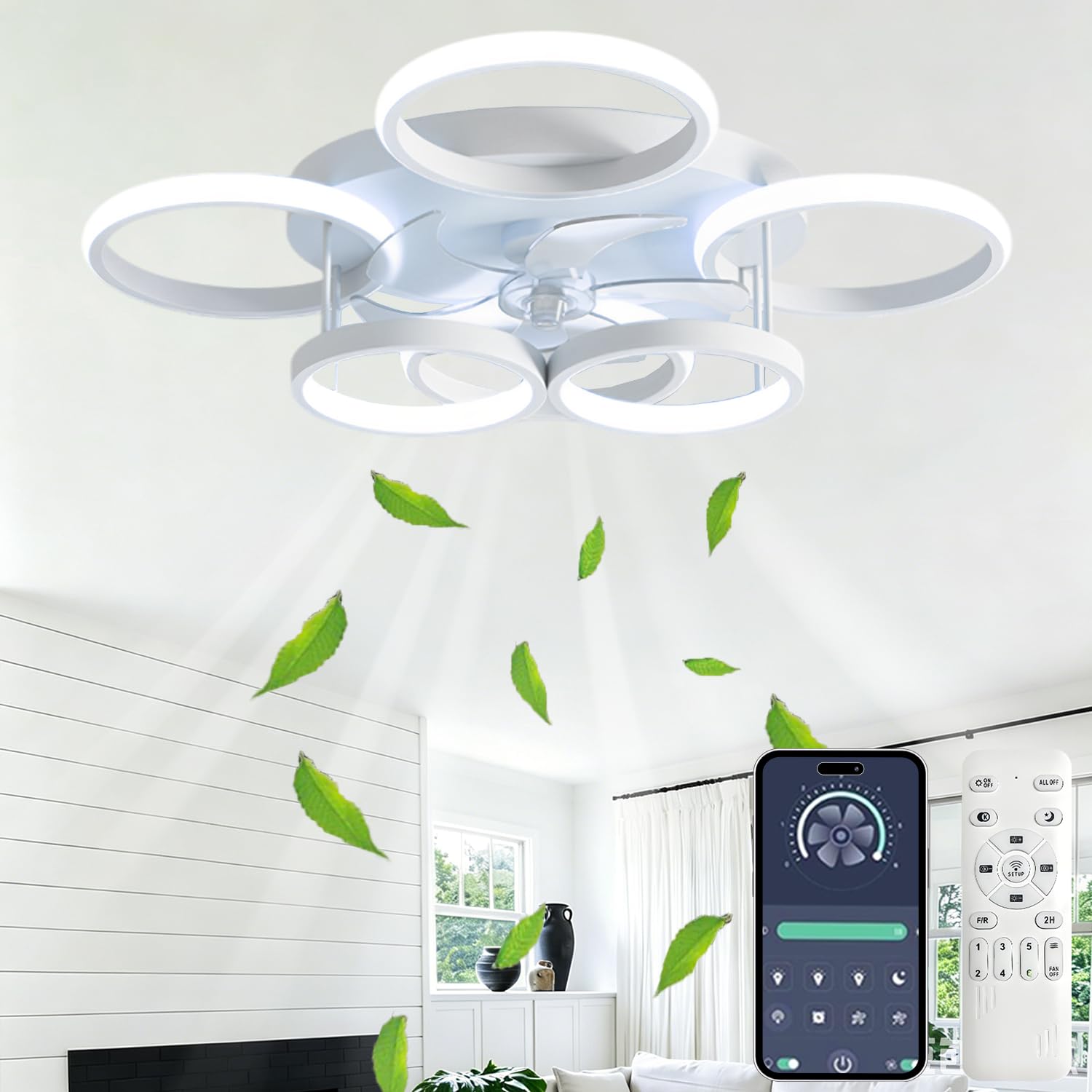72W Deckenventilator mit Beleuchtung und Fernbedienung, Leise, APP Dimmbare LED Deckenleuchte mit Ventilator, 6-Gang-Einstellung Lampe mit Ventilator, Umkehrbare, Timer, Ø65CM, Weiß