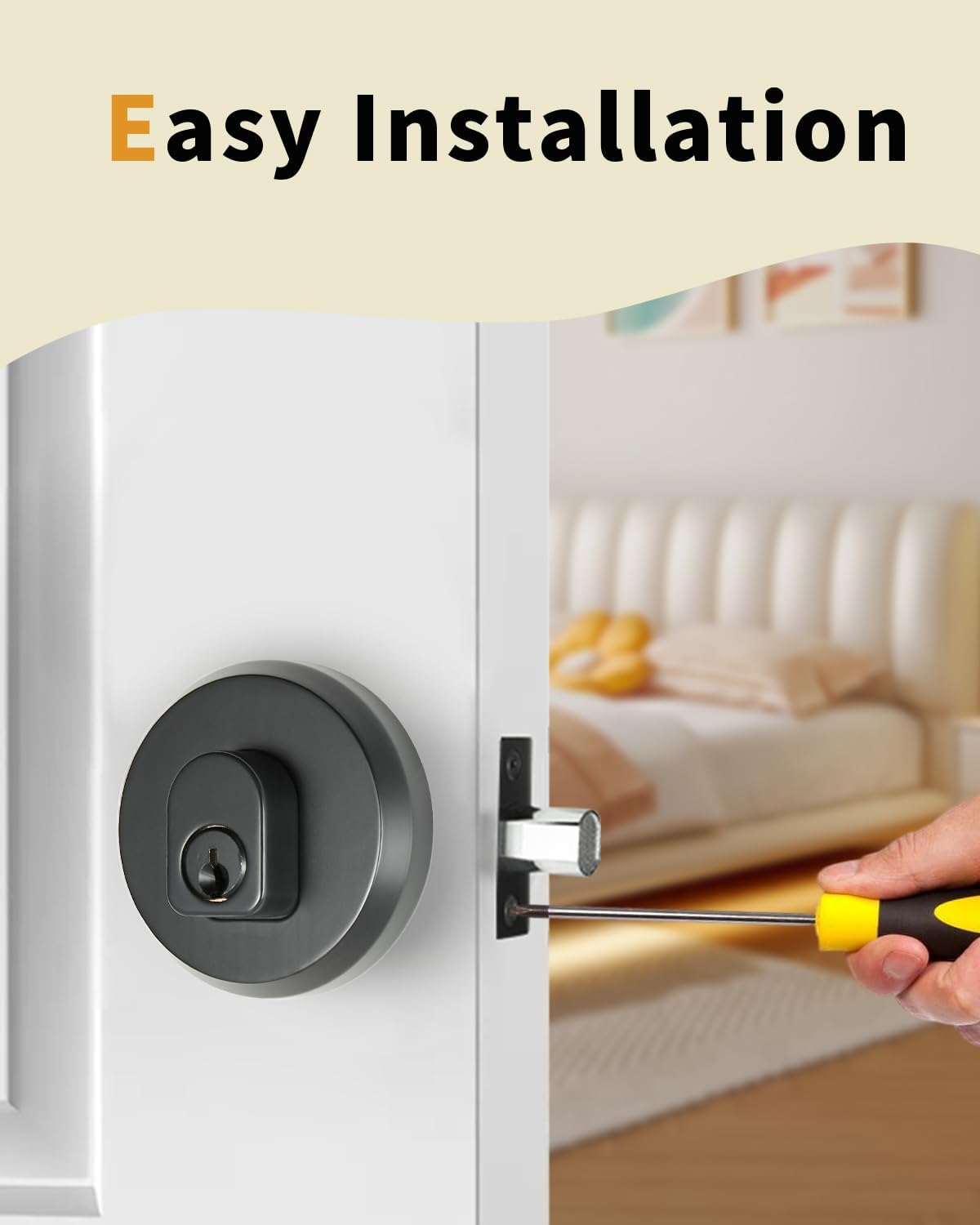 Double-Sided Keyed Round Deadbolt Lock - Matte Black, Exterior Door Lock with Pick Resistant Cylinder, Zinc Alloy Construction for Front Entry Doors