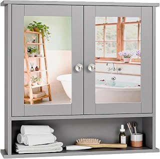 VINGLI Bathroom Wall Cabinet with 2 Mirrored Doors,Grey