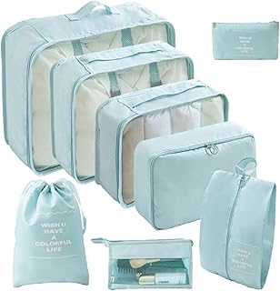 8 قطع من منظم حقائب السفر لتخزين الملابس والاحذية واكسسوارات السفر للمنزل والسفر (ازرق بحري)