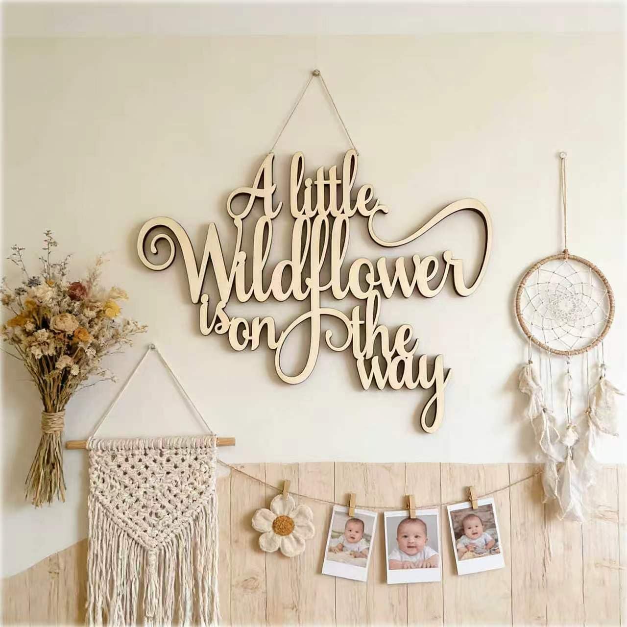 Wooden"A Little Wildflower is on The Way"wall Sign, Baby Shower Welcome Sign,Newborn Shower Yard Sign,Gender Reveal Boy/Gril Welcome Sign,Nursery Wall Decor,Photo Booth Props Door Decorations