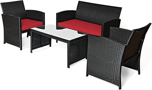 Miniatura 9 de COSTWAY Juego de muebles de ratán de patio de 4 piezas, juego de conversación de mimbre para exteriores con cojines suaves y mesa de centro de