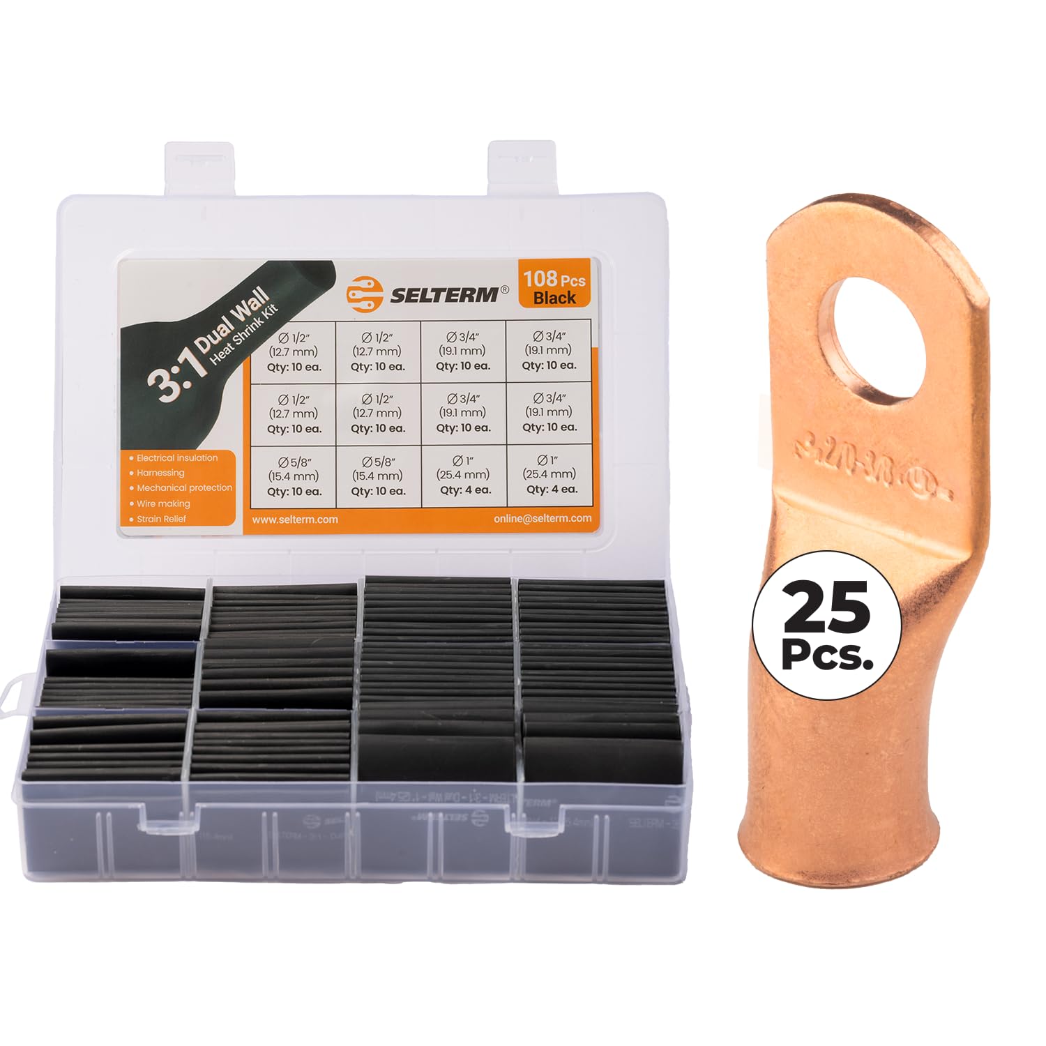 SELTERM 25pcs 2/0 AWG 3/8" Stud Bare Copper Wire Lugs & Large Size Black 108 Pcs 3:1 Dual Wall Adhesive Line Heat Shrink Tubing Kit 1, 3/4, 1/2, 5/8 Inch Assortment Kit