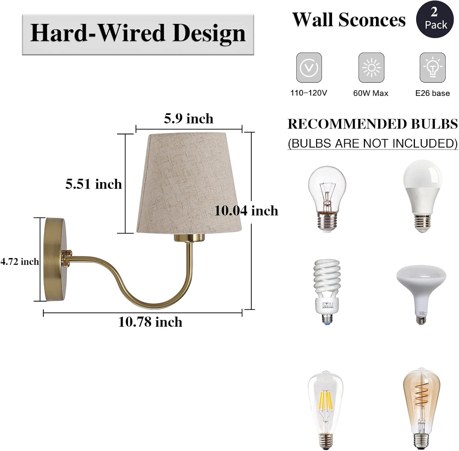 LASENCHOO Gold Wall Sconces Set of Two, Modern Sconces Wall Lighting Vintage Wall Light Fixtures with Fabric Lampshade, Bedside Wall Lamps for Bedroom Living Room Hallway Entryway