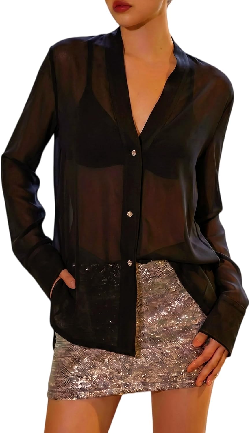 Prettywear Sheer Tops for Women V Neck See Through Chiffon Blouses with Neck Tie Going Out Outfits for Party Casual Wear
