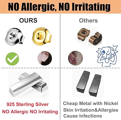 Miniatura 10 de DELECOE Repuestos para aretes de plata 925, 24 piezas hipoalergénicas para tachuelas, cierre seguro para aretes tipo dormilona de 0.236 pulgadas,