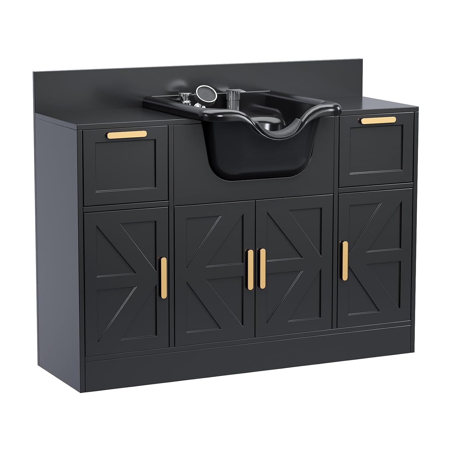 OmySalon Shampoo Bowl with Cabinet, Salon Hair Washing Station with Drawers, UPC Certified Faucet, Barber Station Backwash Sink for Beauty Salon, Spa, Black