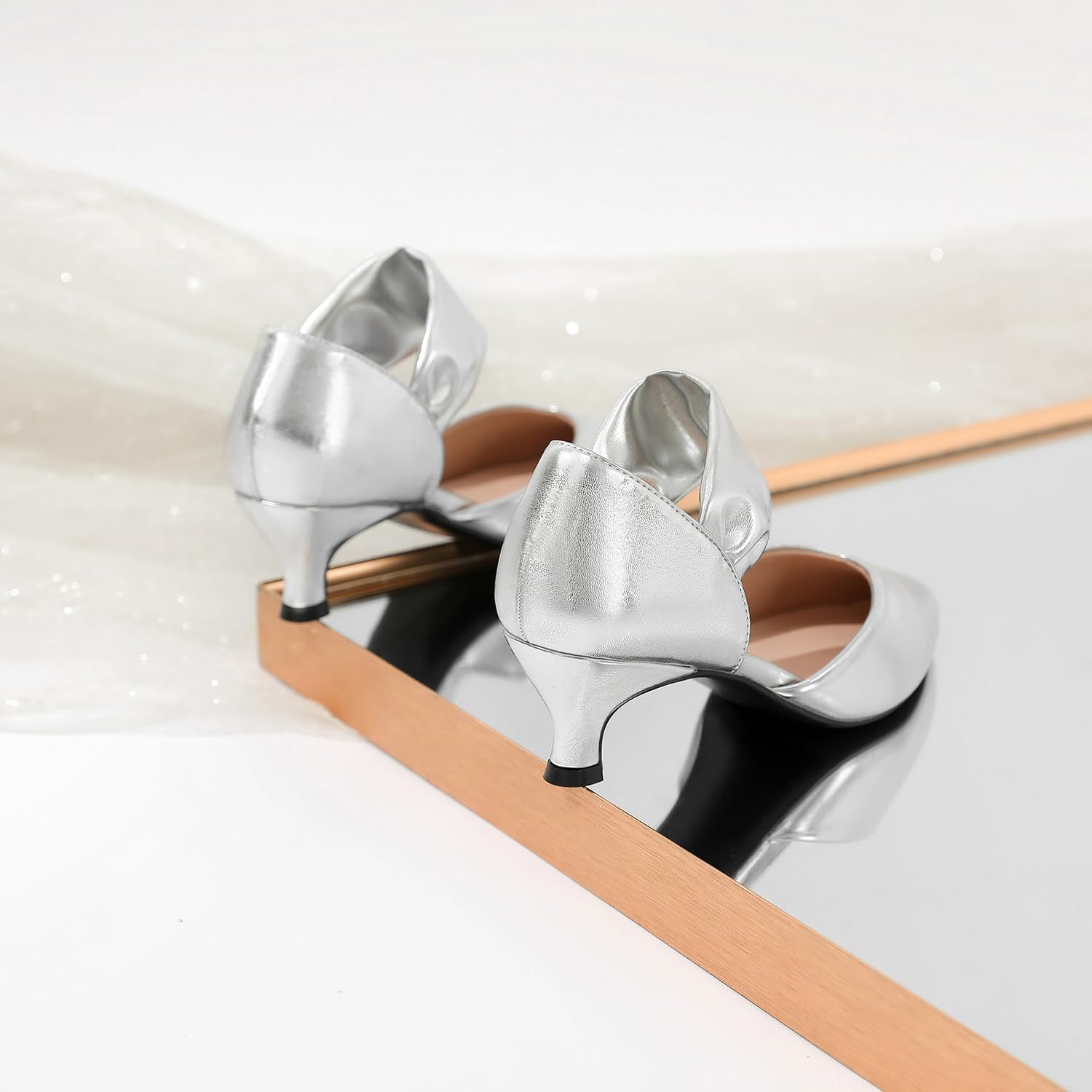 RIBONGZ Kitten Heels for Women Closed Toe Comfortable Low Heels Pointed Toe Sexy Slip on Pumps Bridal Party Dressy Shoes - Image 3