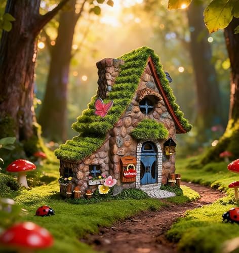 ASAWASA Resin Fairy House Statues with Solar Powered Lights, Funny