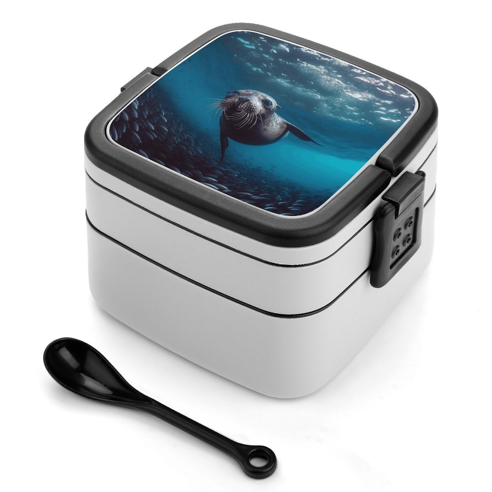 FekiLoot Underwater Sea Lion Bento Box Adult Lunch Box Sealed Bento Lunch Boxes with Spoon Sturdy Double Layer Bento Boxes Snap-on Design Leak Proof Lunch Containers Ideal for Work