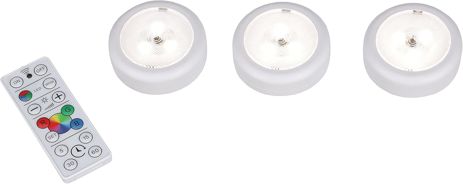 Ecolight Puck Light 3Pack, Battery Operated, Tap on/Off RGB Color