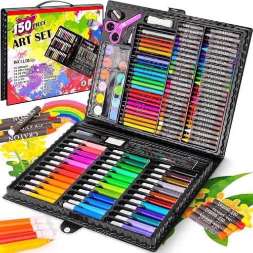 Image of TEKCOOL 150 Pieces Art Set for Kids with Case, Art and Craft Supplies Kit for Drawing and Painting, Color Set with Markers, Water Colors, Brush, Color Pencils, Crayons (Pack of 1, Black)