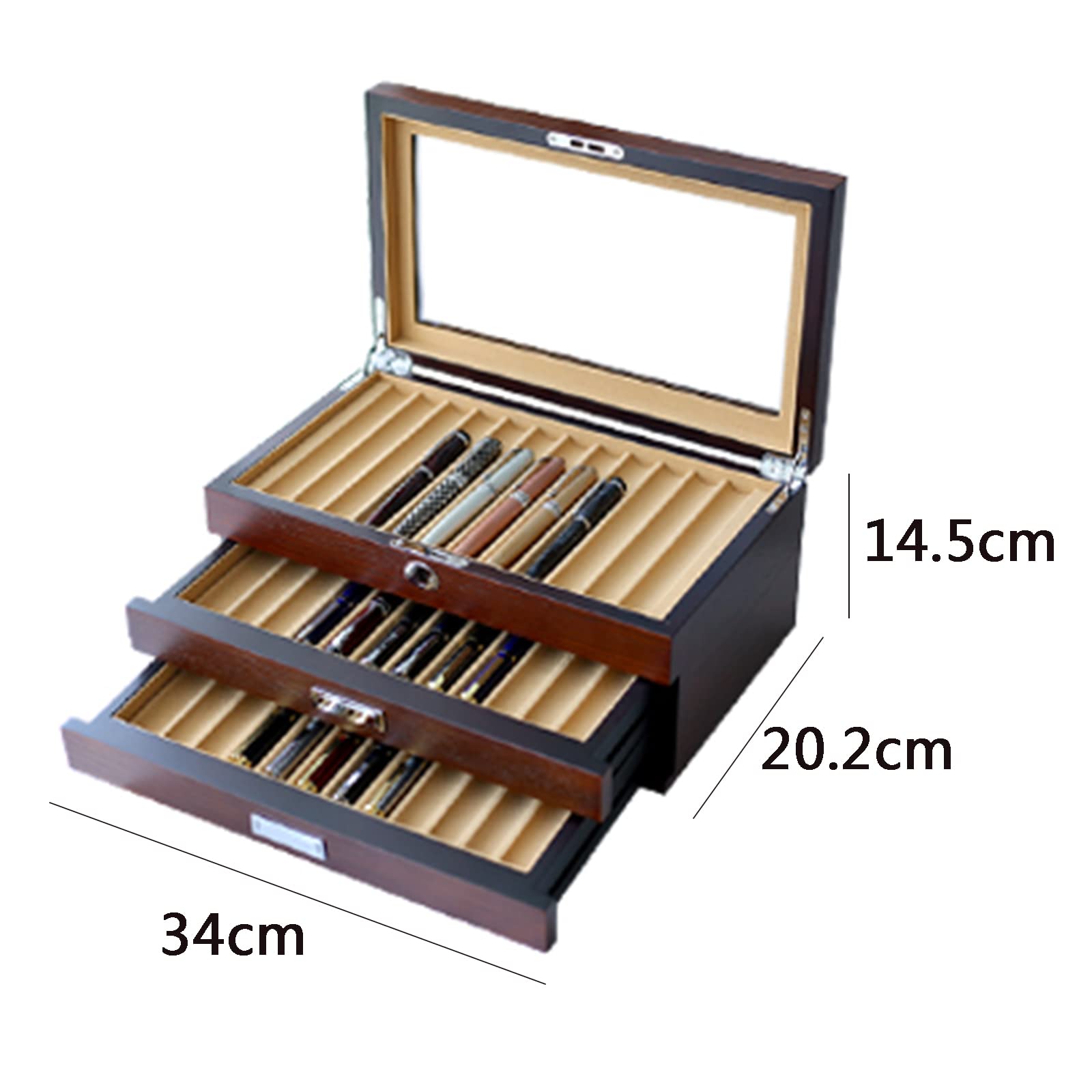 Stift-Präsentationsbox aus Holz, elegante Aufbewahrung für Füllfederhalter-Sammler mit Glasfenster und Schubladen, 3-stöckiger Organizer für Büro-Desktops und Schreibbedarf