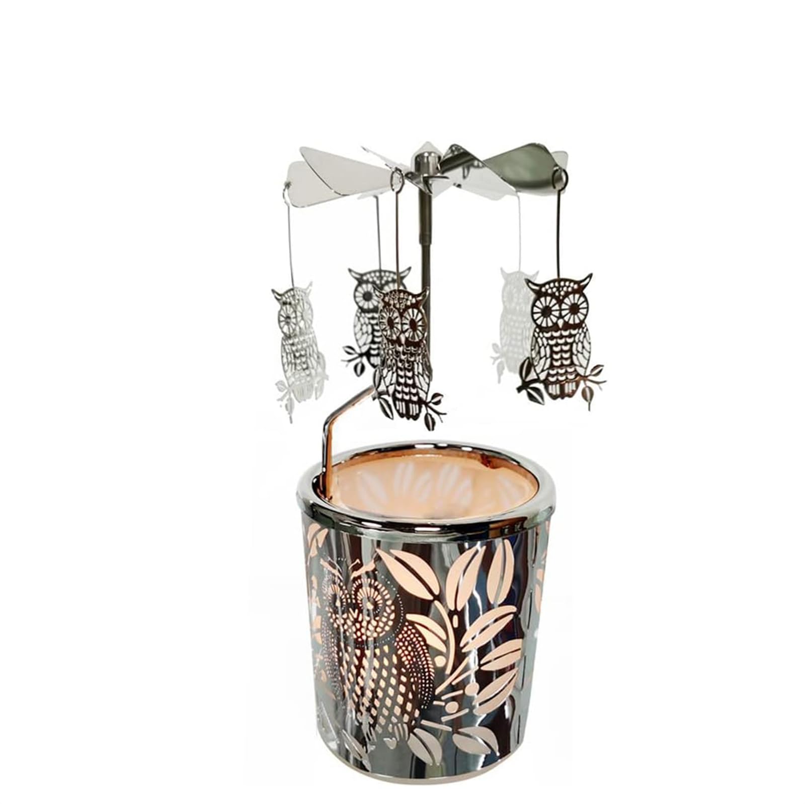 Carousel Rotary Candle Holder Spinning irthday Gifts for Women, Mom, Wife, Girlfriend, Sister, Her, Metal Windmill Tea Light for Female Friends, (Silver owl)