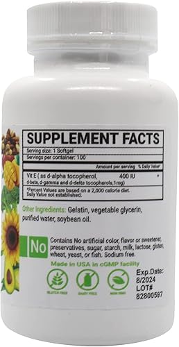 Miniatura 3 de Peter's Choice, Vitamina E natural 400IU, 100 cápsulas de cápsulas, antioxidante y soporte para la piel, sin gluten, fabricado en Estados Unidos