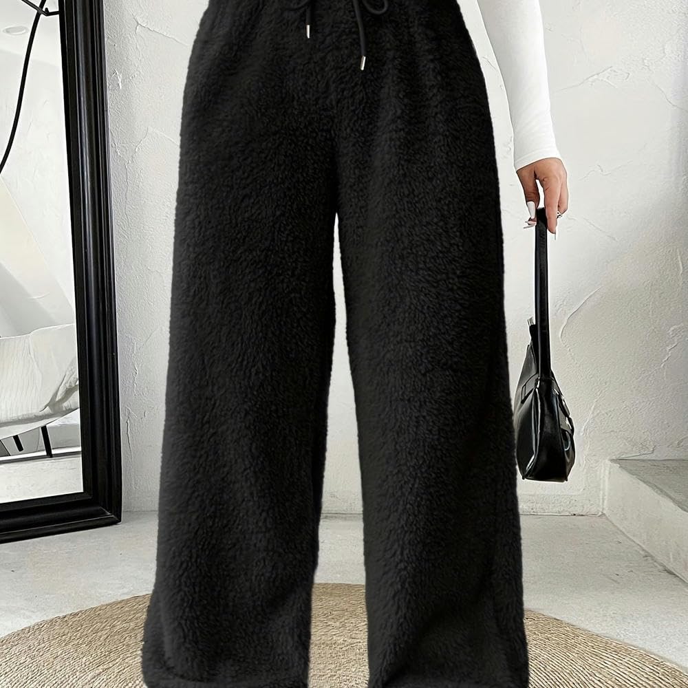 Pantalon Palazzo décontracté Grande Taille SYJYM en Polyester à Jambes Larges avec Cordon de Serrage, Tissu tricoté Long en Polyester de Couleur Unie