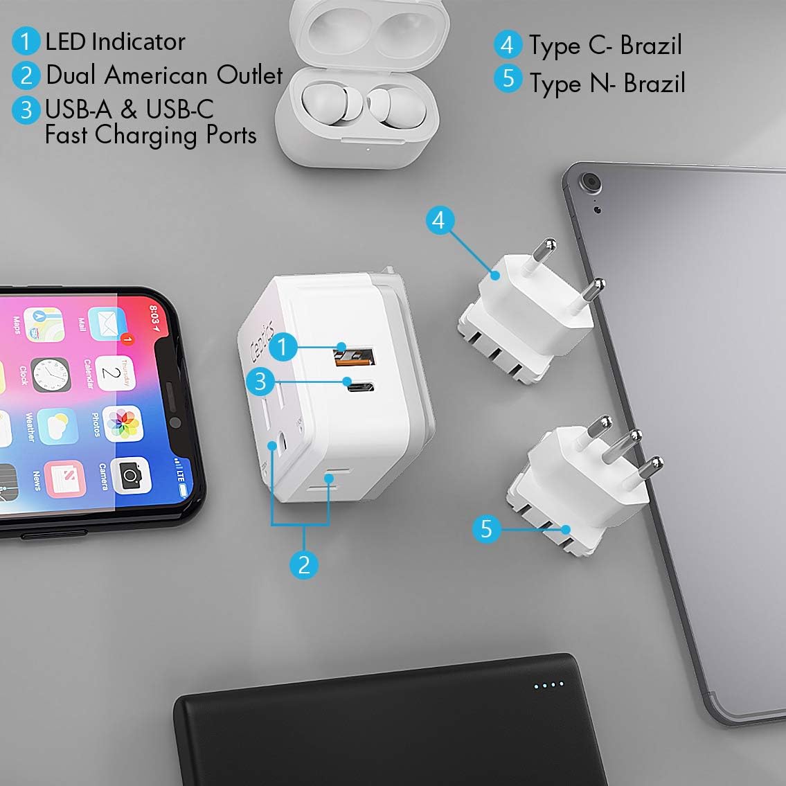 Ceptics Brazil Power Plug Adapter Travel Set, 20W PD & QC, Safe Dual USB & USB-C 3.1A - 2 USA Socket - Compact & Powerful - Also Use in Peru, Chile - Includes Type C, Type N Swadapt Attachments