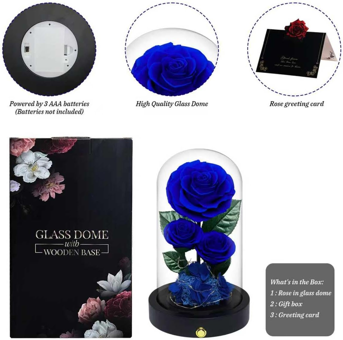 3 Preserved Flowers Roses in Glass Dome for Beauty and The Beast Decor Real Rosas Eternas for Women Mom Birthday,Forever Blue Roses for Delivery,Christmas for Wife Girlfriend Her