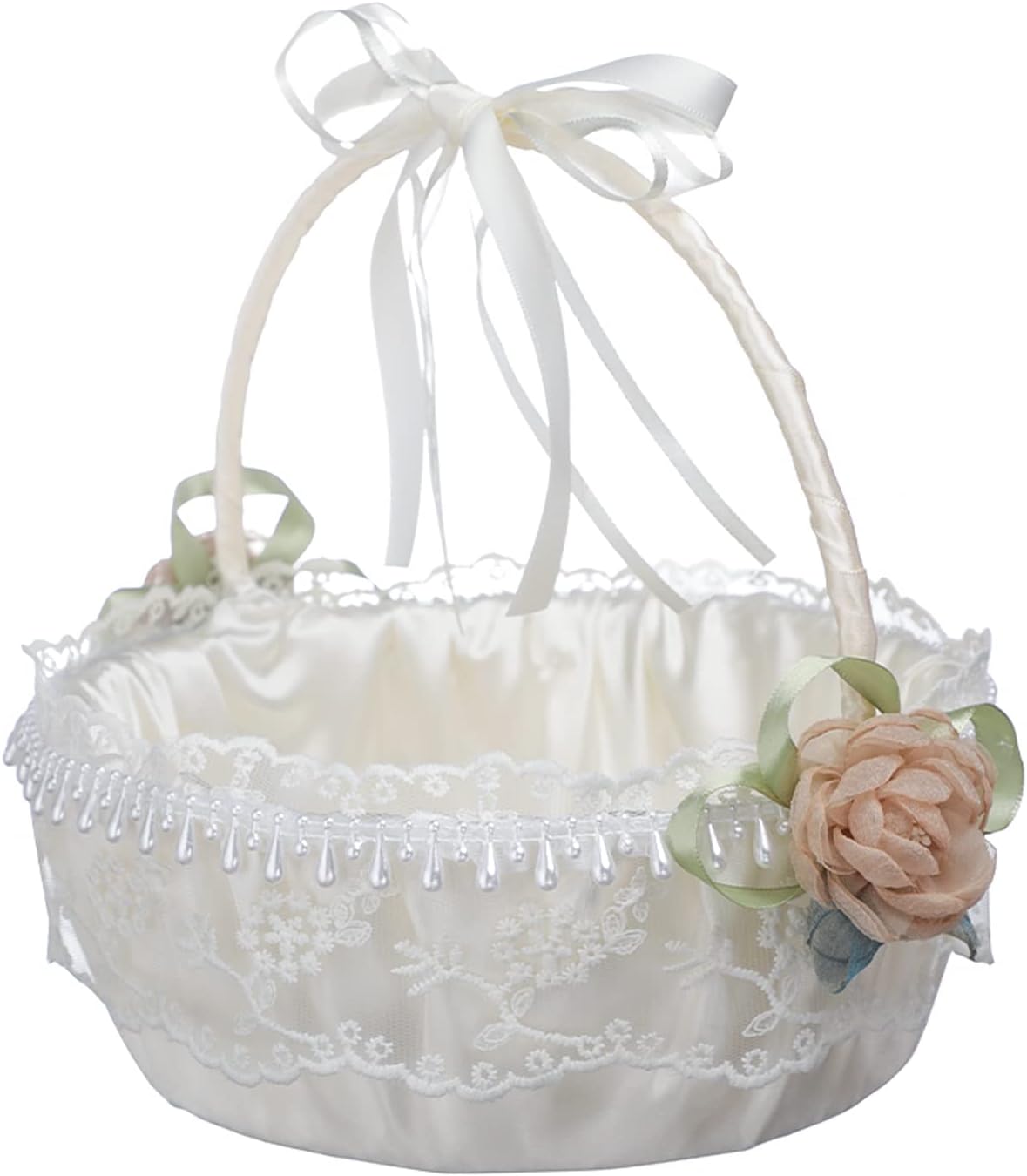 DULRLLY Wedding Flower Girl Basket, Fairy Lace Bowknot Wedding Flower Basket with Foldable Handle and Pearl, Elegant Satin Flower Basket for Wedding Ceremony Party Decoration (1 Pcs)