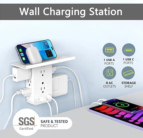 Miniatura 2 de PD20W - Extensor de salida de pared y protector de sobretensiones, 10 en 1 múltiples salidas con 8 CA, 1 USB C y 1 USB A (5 V 3.4 A), estante de