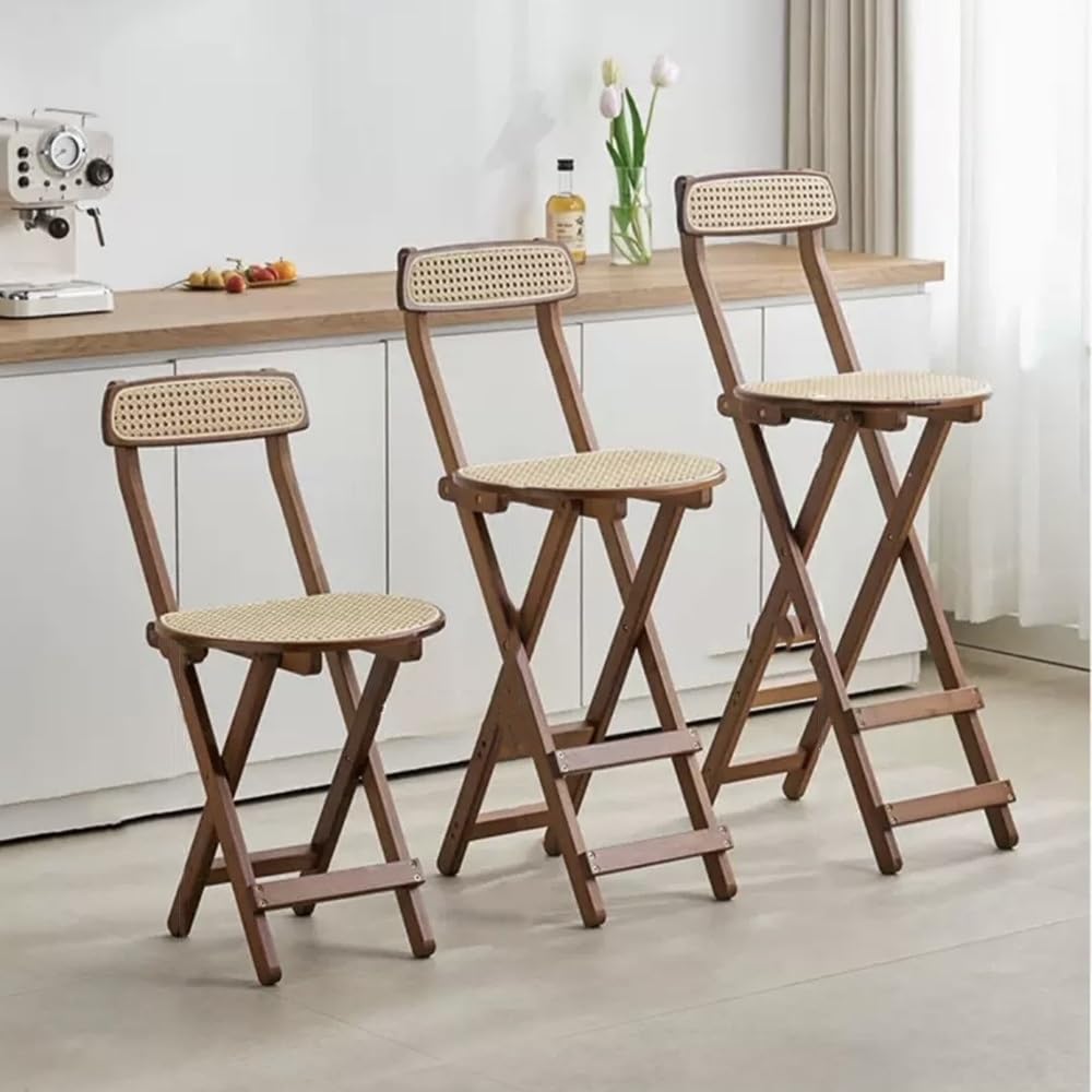 RTVGNSZSJL Foldable Tall Bar Stool, Rattan Chairs With Backrest, Bamboo Bar Stools With Footrest, Kitchen Breakfast Folding Bar Stool，Easy Storage(Brown,H:70cm/27inch)