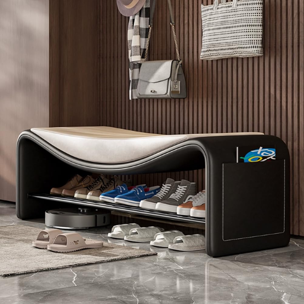 LWJSOCP Upholstered Shoe Storage Bench with Padded Cushion 2-Tier Shoe Rack nizer Stool for Entryway Hallway Bedroom - Black 60cm Entryway Fur