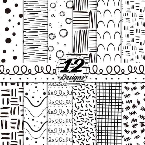 24 Sheets Black White Doodle Pattern Pad 12'' x 12''