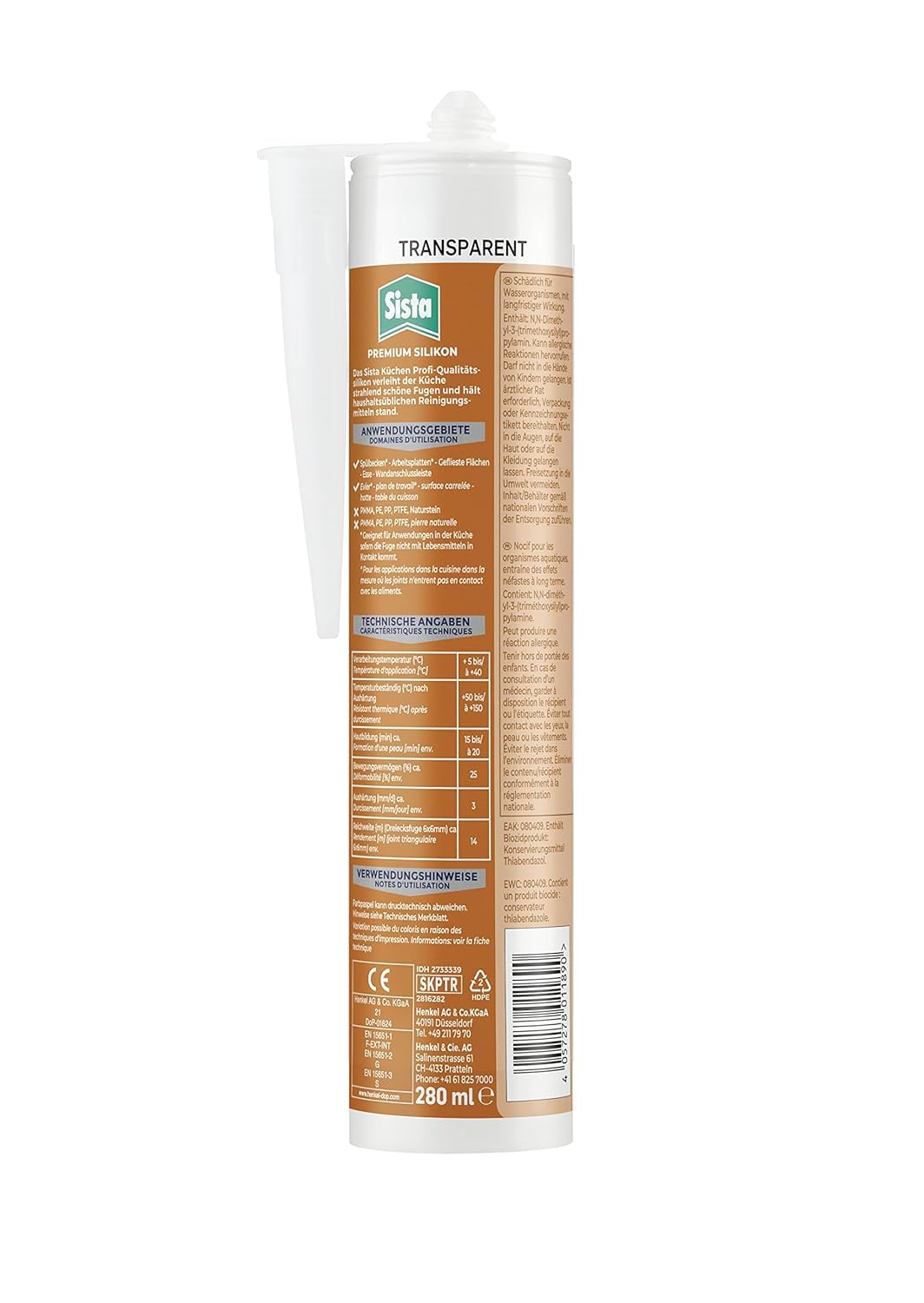 Sista Küche Profi-Qualität Silikon, scheuerfeste Fugenmasse für die Küche, wasserfestes Küchensilikon mit idealer Glättung, reinigungsmittelbeständige Dichtmasse, 12x280ml Kartusche, transparent