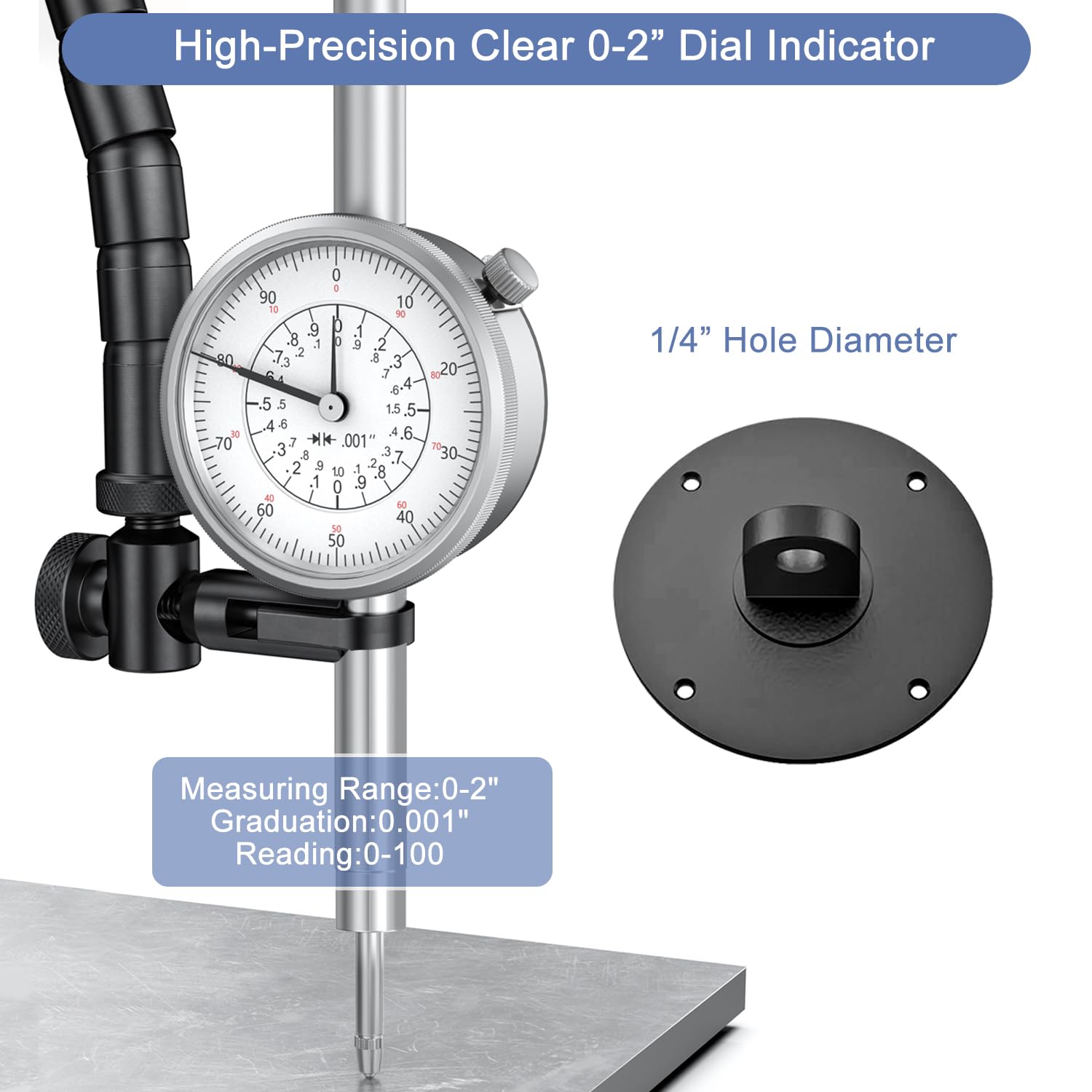 HDLNKAK 0-2" / 0.001" Precision Dial Indicator, with a 2" Measurement Range and 0.001" Graduation Interval, Ideal for Lathe Use, 3D Printing, Workshops, CNC Machine Tools, and Table Saws.