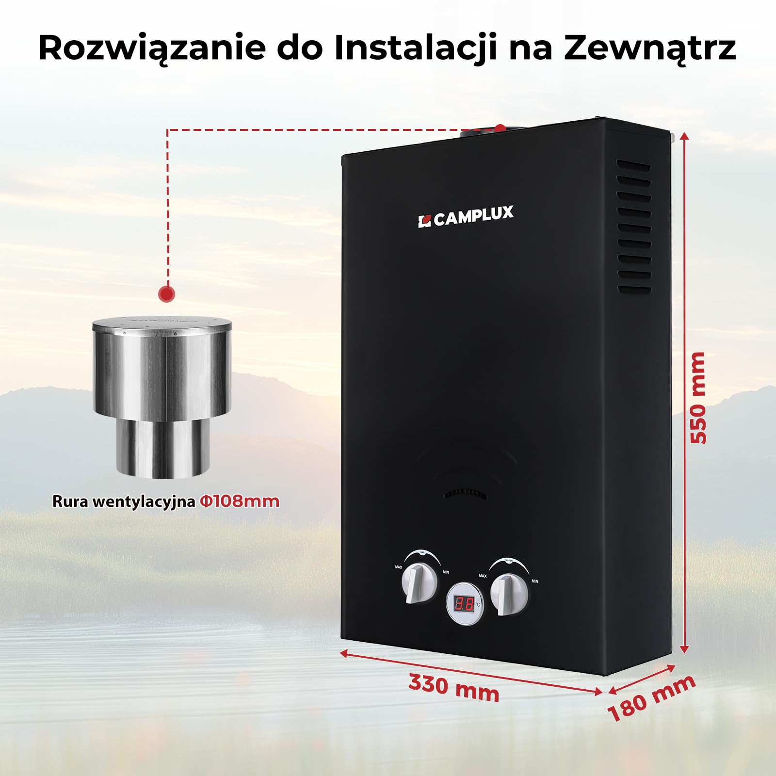 Camplux BW264BC 10L gazowy podgrzewacz wody z pokrywą przeciwdeszczową, certyfikat CE GAR, do użytku na kempingu, w kamperze, myciu koni