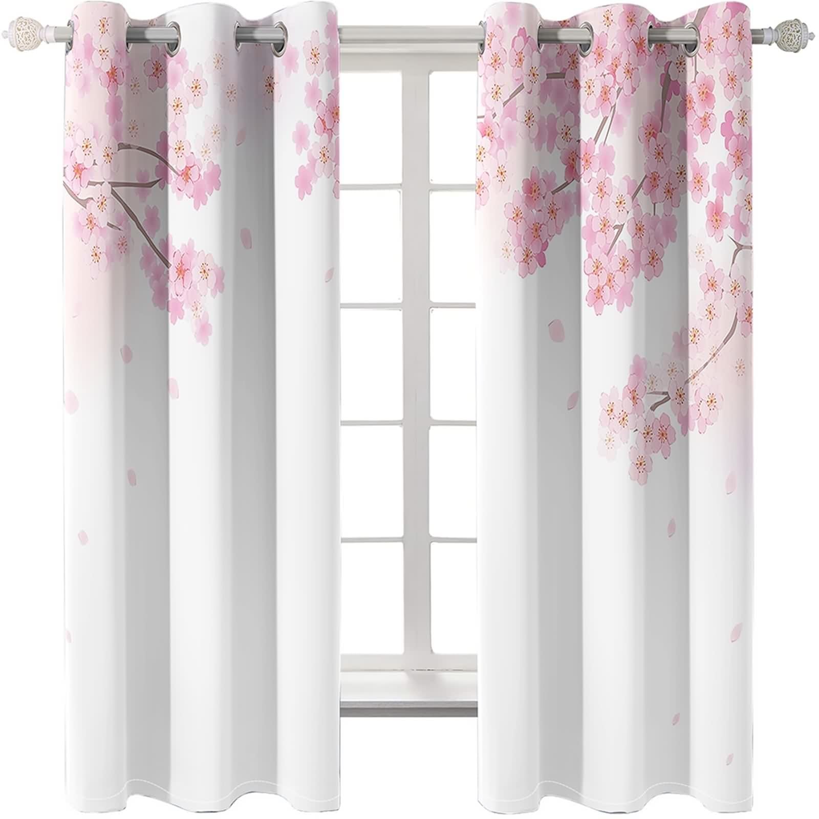 Rideau Stof Polyester, Rideaux Fenetre Chambre Rose Blanc Cerise Décoration 152L x 214H CM Lot de 2