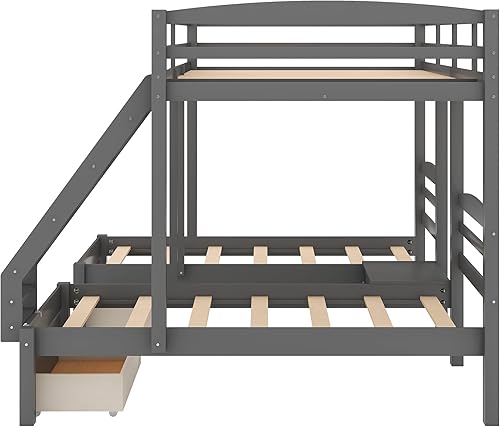 Miniatura 95 de Litera triple de madera maciza con cajones de almacenamiento y escalera, base de litera resistente con barandillas de protección para niños y