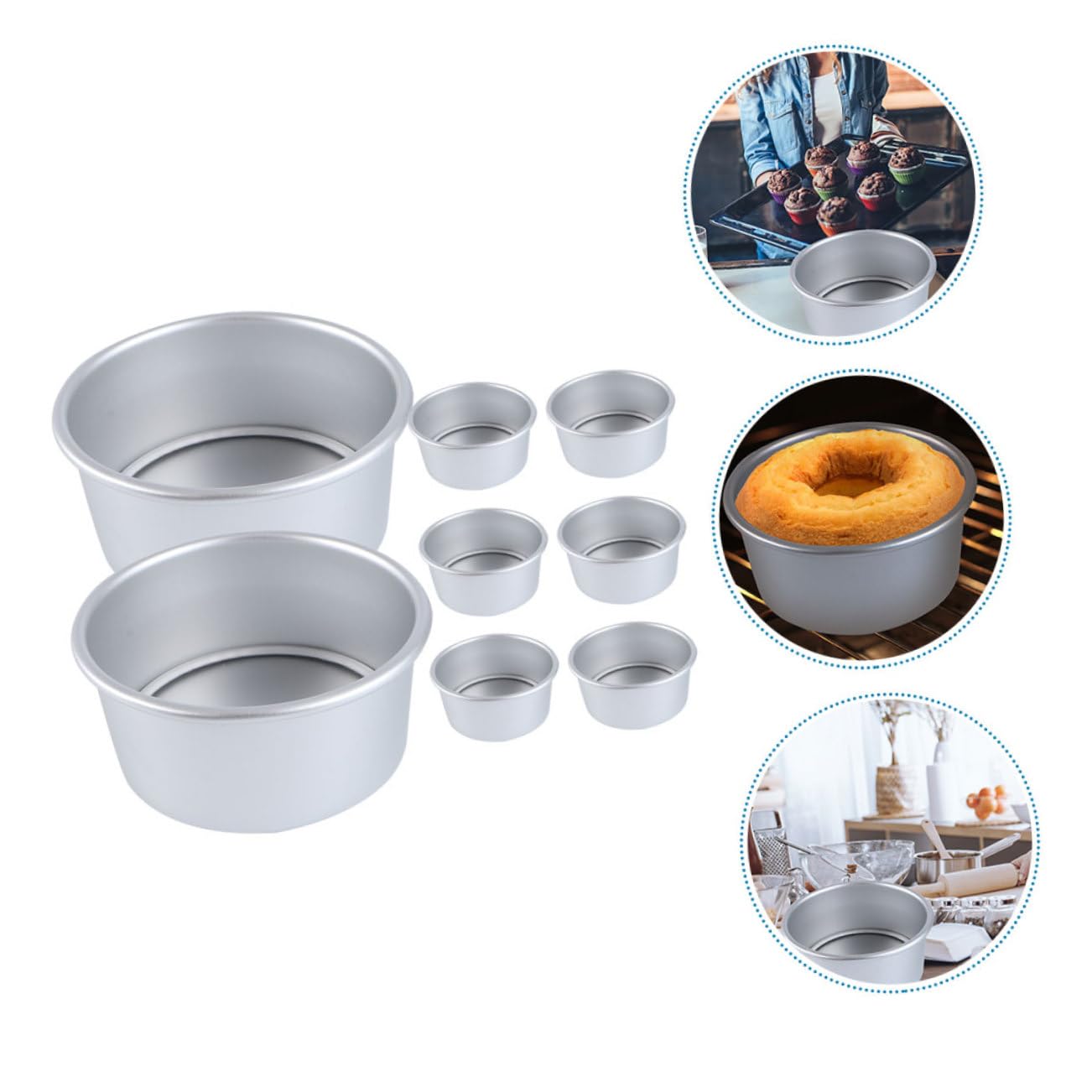 GALPADA Juego de 8 Moldes Redondos para Pastel Pequeños con Fondo Desmontable de Aleación de Aluminio, Fácil de Limpiar, Ideales para Pastelería Profesional y Uso en Horno
