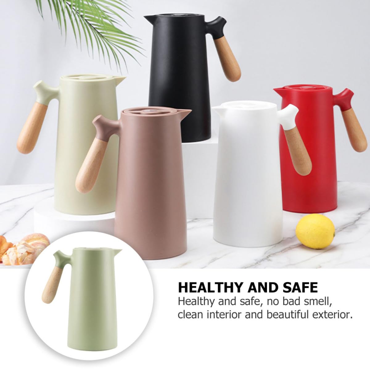 Uonlytech Isolierte Thermoskanne 1l mit Holzgriff und Kunststoffglas Innenbehälter Doppelwandig und Sauberer Innenraum für Büro und Zuhause