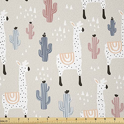 Image of Ambesonne Llama Fabric by The Yard, Pattern South American Animal Guanaco Cactus and Hand Drawn Childish Elements, Stretch Knit Fabric for Clothing Sewing and Arts Crafts, 1 Yard, Beige Coral