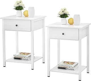 Ecoprsio Nightstand Set of 2 White End Table Side Table with Drawer and Storage Shelf Wood Night Stand Modern Bedside Tabl...