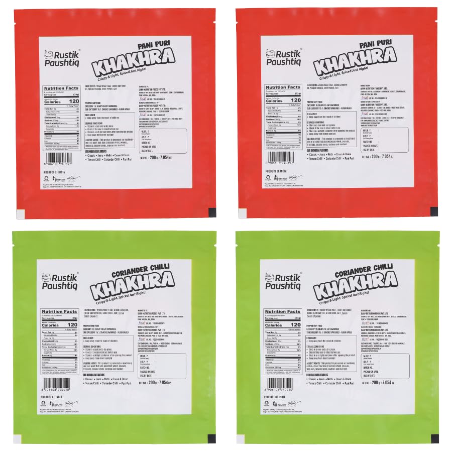 Image of RUSTIK PAUSHTIK Baked Khakhra Combo Pack - 200g x 4 Packets | 2 Panipuri & 2 Coriander Chilli Flavour | Gujarati Snack | High Fiber Diet | No Palm Oil | Ready to Eat Tea Time Snack | 800g