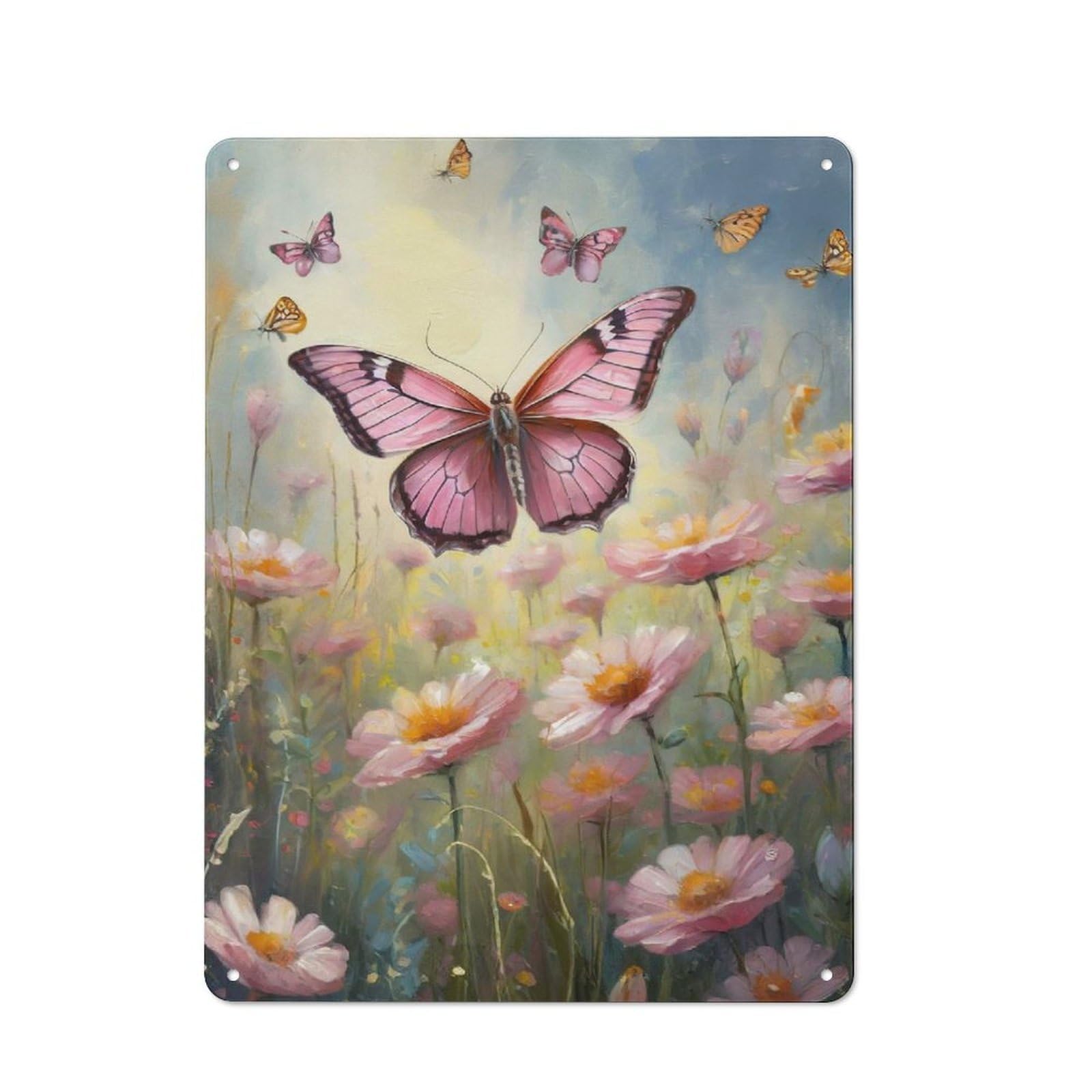 Junmoney Style-18 Pink Butterfly On A Field Workshop Style Metal Wall Decor 40X30cm, Decorative Metal Plaque For Garage, Hobby Room, Office Or Man Cave