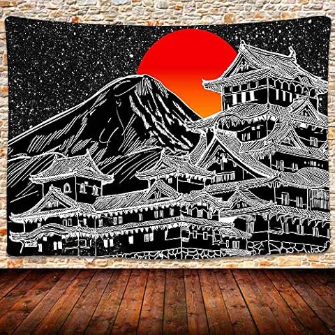 UHOMETAP Japanese Tapestry, Japan Pagoda Mount Fuji Anime Tapestry Wall Hanging, Red Sun Tapestry Black White Art Blanket for Bedroom Living Room Dorm 80x60 Inches GTLSUH521 Cover