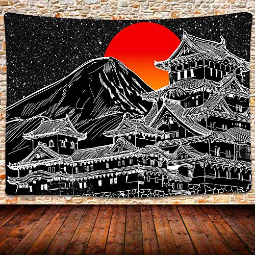 UHOMETAP Tapiz japonés, tapiz de anime Fuji con diseño de pagoda japonesa para colgar en la pared, tapiz de sol rojo, manta de arte blanco y negro para dormitorio, sala de estar, dormitorio, 80 x 60