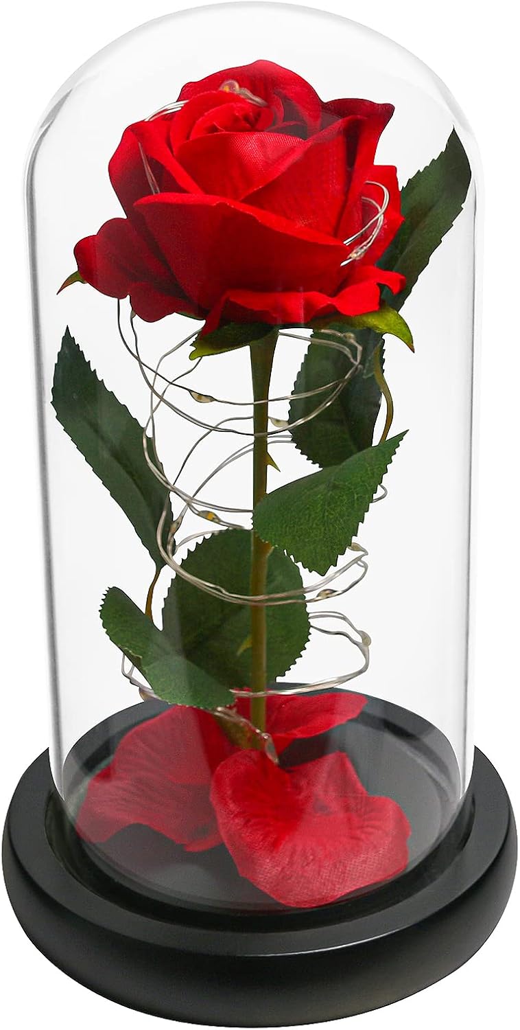Childom Christmas Rose Gift for Women, Red Artificial Flower Rose Gift,Light Up Silk Rose Flower in Glass Dome, Women Birthday Xmas Gifts Idea for Christmas,Birthday(Red Warm, 5Inch*8.7Inch)